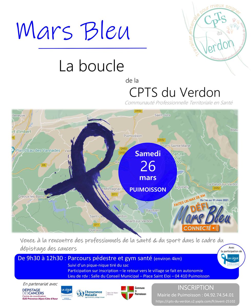 ARSPaca's tweet photo. #Marsbleu2022 
🚶‍♀️🚶‍♂️Cumulez les kilomètres pour la bonne cause et participez au parcours pédestre à #Puimoisson
Organisé par le @CRCDC_SUD_PACA et la @cptsduverdon
📆samedi 26 mars
⏱9h30 
📍devant la mairie de #puimoisson 
Les inscriptions c'est par ici 👇
https://t.co/4qymIDhIf7 https://t.co/EEYdL2Wh44
