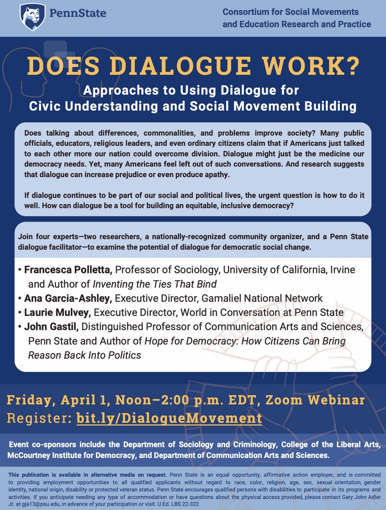 Coming up on 4/1 – Join PSU’s Consortium for Social Movements and Education Research and Practice for a virtual conversation about using dialogue for civic understanding &amp; social movement building. More info ⬇️
