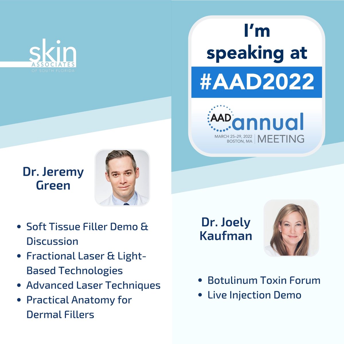 This week, our doctors will be attending the <a href="/AADskin/">AAD</a> Annual Meeting. We're always learning &amp; teaching in order to provide you the best dermatology care! #AAD2022