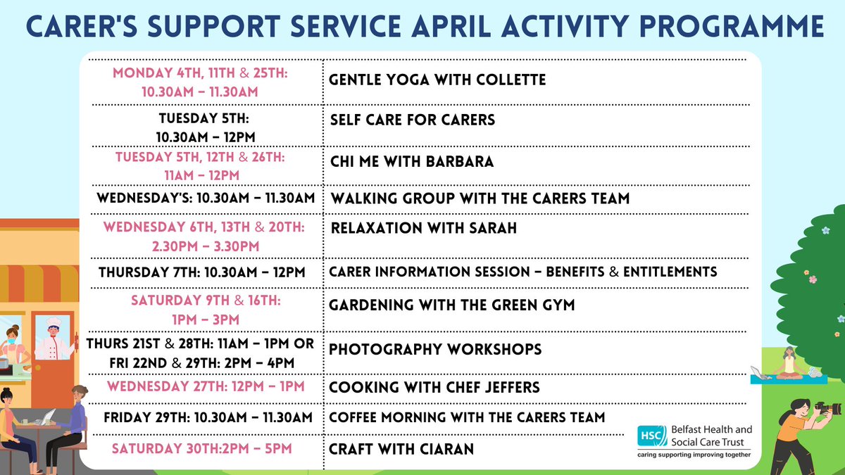 The Carer Support Service April Programme of Activities for Carers. 🗓📣

To attend an activity, register your interest by clicking here: forms.office.com/r/K2CKYprH2e