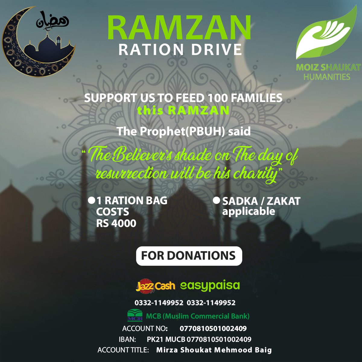HumanitiesMoiz's tweet photo. We are now entering the Holy month of Ramadan which is month of giving and being empathetic to the needs of others.

This Ramadan, we aim to feed 100 deserving families through Rashan bags containing basic food items. 

You can either sponsor a Rashan bag or donate any amount. https://t.co/TfOjFasEgI