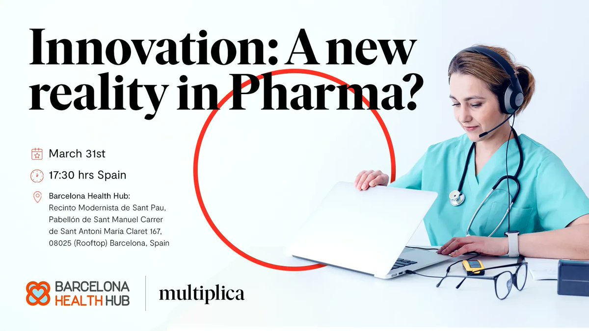 BCNHealthHub's tweet photo. Come to the BHH Headquarters and join @multiplica's #RooftopTalk session about “Innovation: A new reality in Pharma?” on March 31! Discover how labs can surf innovation trends & execute a strategy that creates competitive advantages. Sign up NOW 👉 https://t.co/zSEwPnFfkp https://t.co/kKySYyc5W3