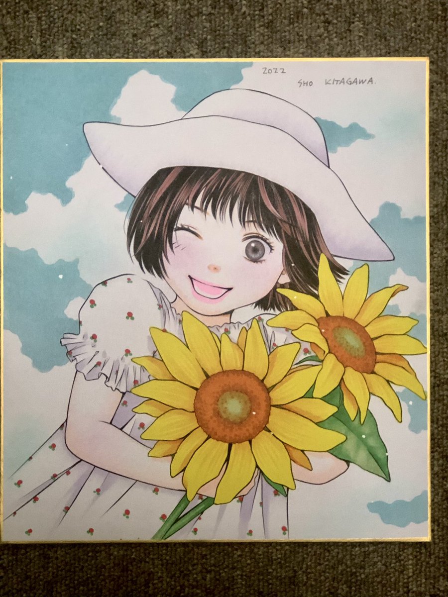 1girl flower solo one eye closed sunflower dress hat  illustration images