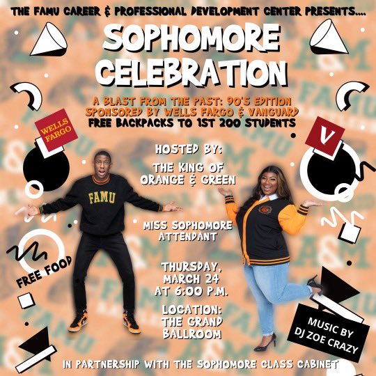 Calling ALL SOPHOMORES! 📢 A Blast from the Past Edition! 🔥🔥 Come out to The Grand Ballroom TODAY at 6:00 P.M. Wear your best 90’s outfit or come with your orange and green! First 200 students get a free bookbag. Free Food, Games and Music.  Rattlers Class of 2024 🐍#famu2024