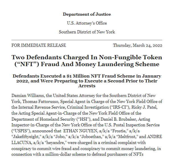 Two 20 year old NFT rugpullers getting charged with wire fraud and money laundering, which both carry a maximum sentence of 20 years in prison

So reporting to CI actually does work. Maybe we should send some more names their way. WAGMI