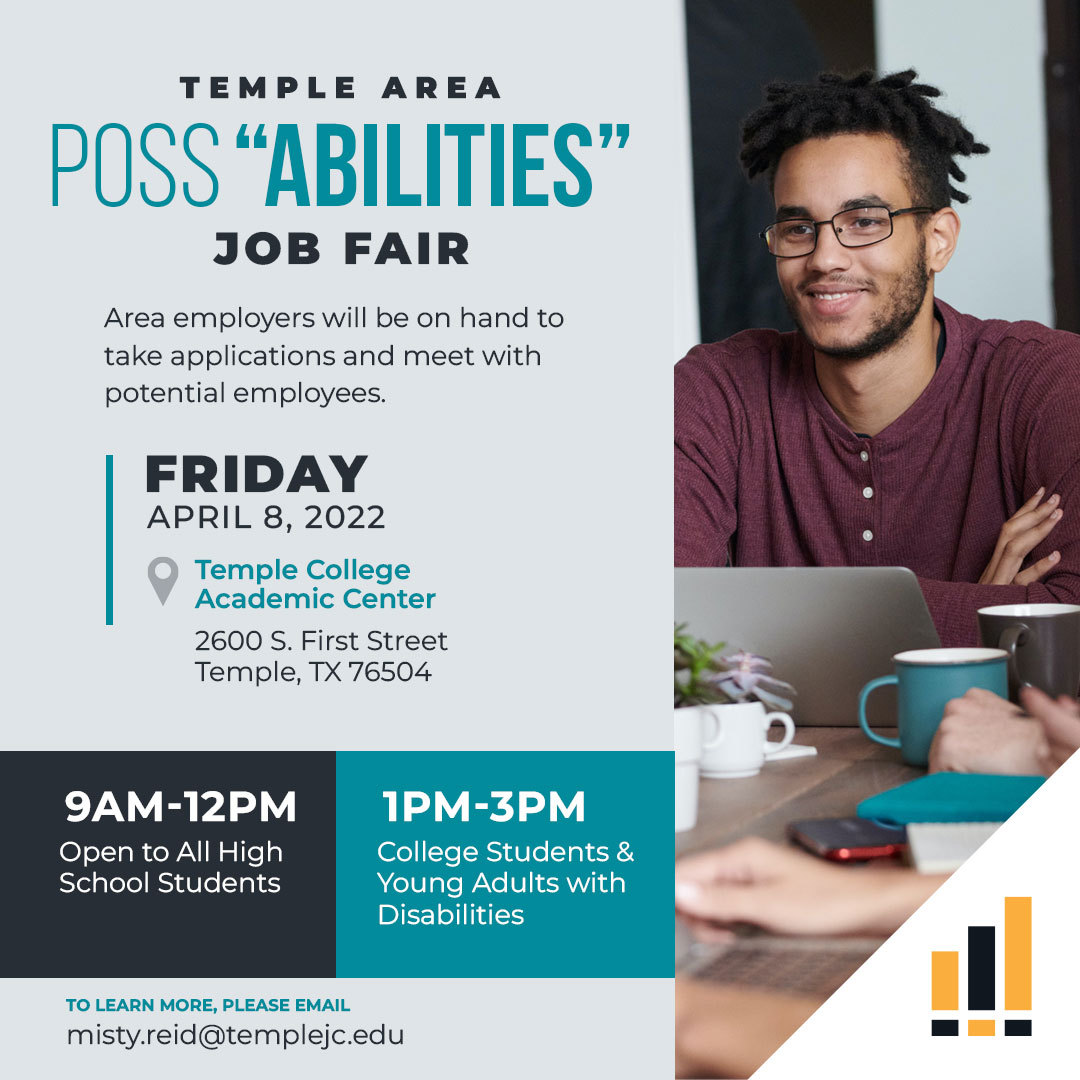 Temple College will host its Poss”Abilities” Job Fair for high school students, college students &amp; young adults w/ disabilities on April 8. 

Employers will be on hand to meet with job candidates. 

Learn more about the schedule and how to register at: bit.ly/3tE7zBK