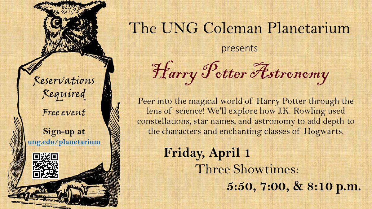 NorthGAScience's tweet photo. UNG's Coleman Planetarium is showing Harry Potter Astronomy on Friday, April 1 at 5:50, 7, and 8:10 pm.  This event is free and open to the public, but reservations are required, and space is limited.  Sign-up here: https://t.co/Fn5Jibu5od https://t.co/3pnXPiF1sK