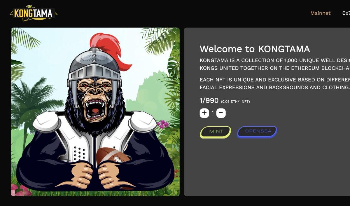 #KONGTAMA NFTS are now live! 🚀🔥

You can now go ahead and mint!

It's 0.05 ETH per NFT (max of 10 NFTs per wallet)

kongtamanfts.com

Once they are minted will appear on your opensea account ready for sale!

<a href="/KongTamaToken/">KongTama | ERC-20 Token</a>
