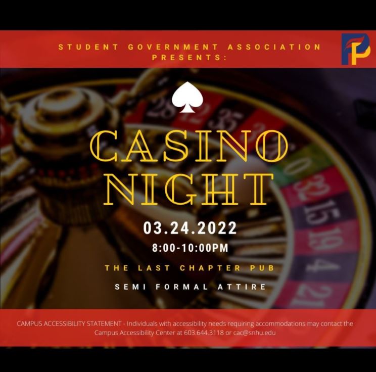 SNHUOnCampus's tweet photo. Get dressed up tonight and play games of chance! You can spin the roulette wheel as part of Casino Night presented by @SNHUSTUDENTGOV at the @SNHULastChapPub. https://t.co/oUpxKIhapZ
