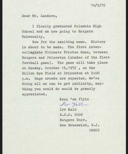 Proposing the first intercollegiate Ultimate game - October 1972.