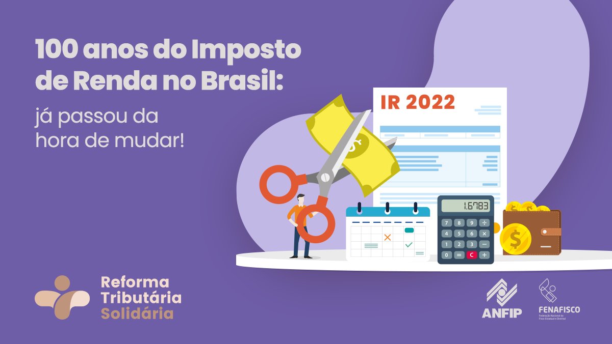 Fenafisco's tweet photo. Neste ano, o Imposto de Renda no Brasil completa seu primeiro centenário. Defendemos a atualização total da tabela do imposto, que não ocorre desde 1995. Milhões de pessoas com rendas abaixo de R$ 5 mil não devem ser tributadas, o topo da pirâmide deveria contribuir muito mais. https://t.co/mo68Zvk5iK