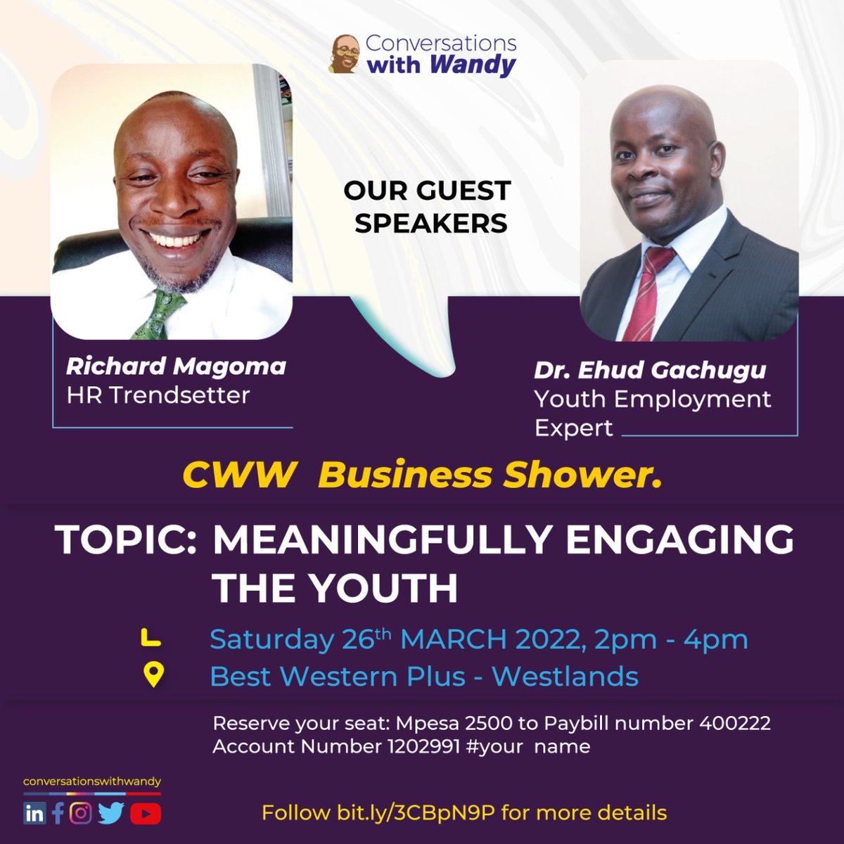 MarvinGakunyi's tweet photo. The youth make a major contribution to Kenya's economy. We can't then create sustainable workplaces without meaningfully engaging them. This discussion will be a key highlight of our #CWWBusinessShower on 26/3/2022 from 2-4 PM. @CWW2021

RSVP to join our panelists &amp; learn more. https://t.co/ZxXBEwpVSR