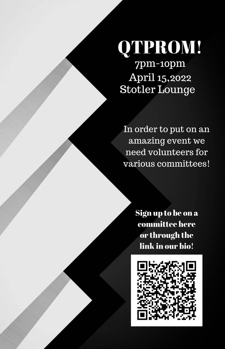 MizzouQTPOC's tweet photo. Hello all! One of our biggest events, QTProm, is approaching and we will be needing your help to set up the best prom ever! If you’re interested in joining, swipe for the QR code to join a prom committee or click the link in our bio! Thank you! https://t.co/FtT9WPgAPc