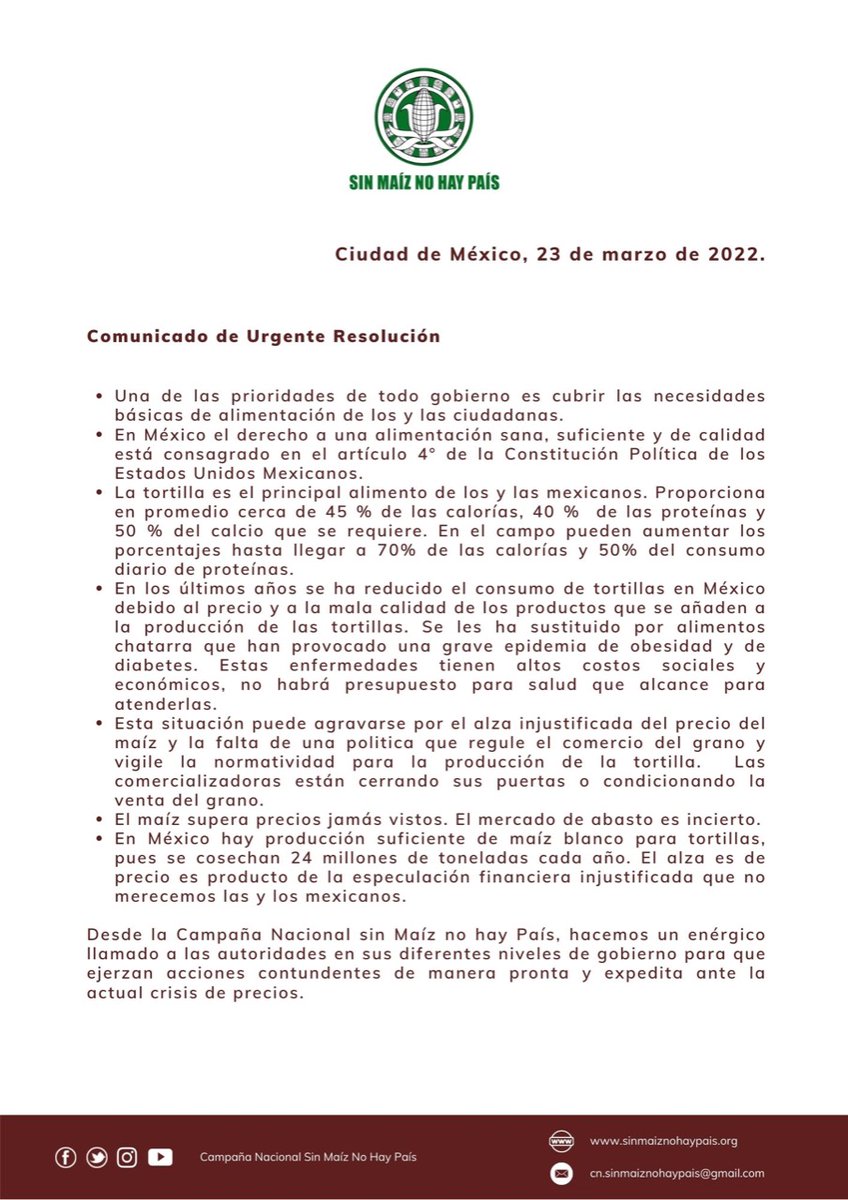 cnsmnhpmx's tweet photo. #COMUNICADO

Los aumentos al precio del #maíz no responden a un problema de abasto, sino a una especulación financiera derivada de temas internacionales que impacta nuestra #SoberaníaAlimentaria.

Conoce nuestro llamado urgente 👉🏾 https://t.co/9zEWoyCelb

#SinMaízNoHayPaís 🌽 https://t.co/sRaXg99oao
