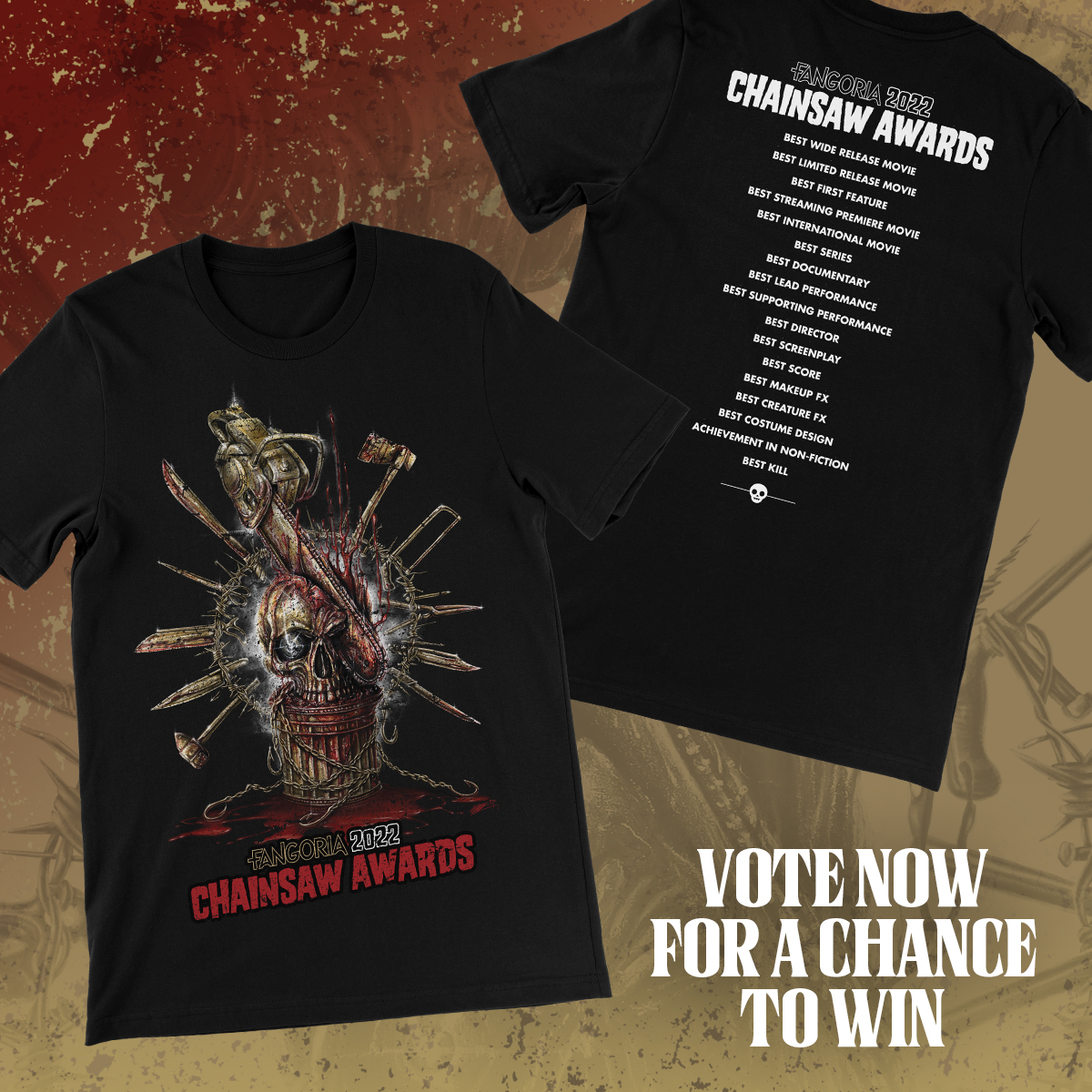 Vote now in the 2022 CHAINSAW AWARDS for a chance to win a t-shirt!

Already voted? Good news, you are entered to win.

The deadline to vote is March 31st.

🗳️Vote Now: bit.ly/ChainsawVote20…
