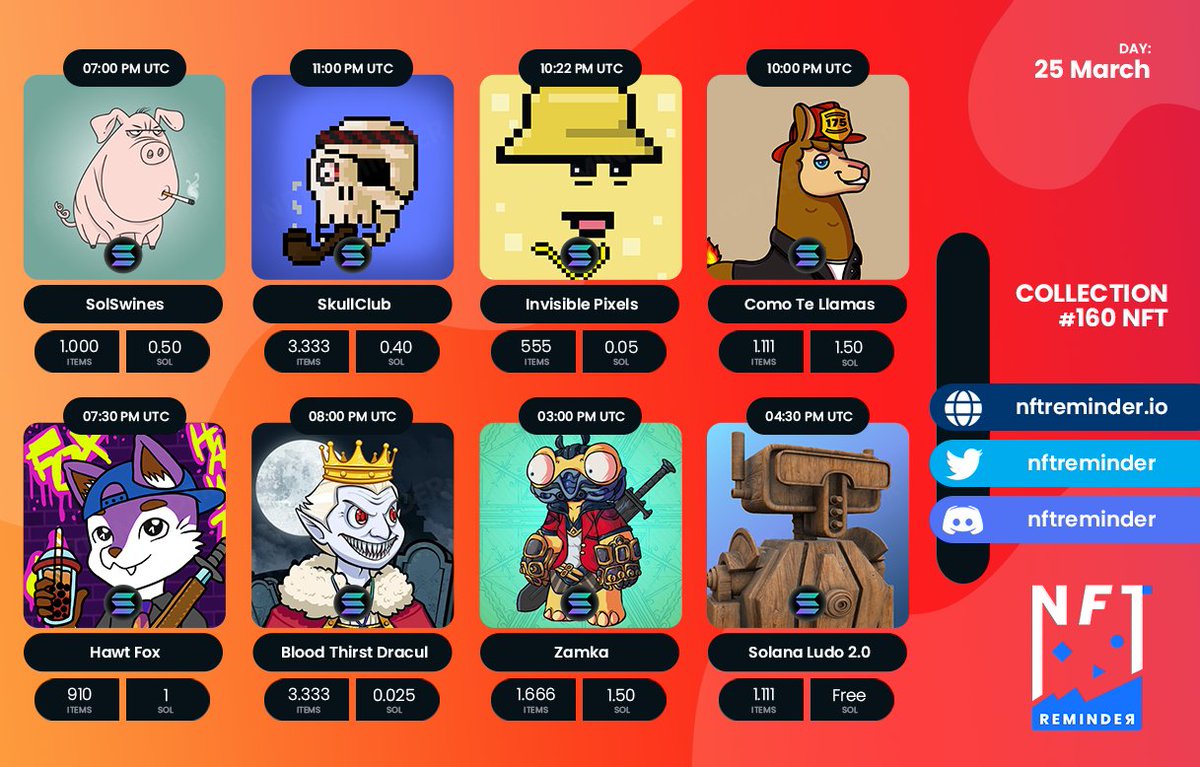 Daily NFT Collections 🚀 (25 MAR 2022)

🔹 <a href="/SolSwines/">SolSwines | $COINK</a>
🔹 @SkullClubNFT
🔹 @InvsblePixlsNFT
🔹 <a href="/ComoTeLlamasNFT/">Como Te Llamas | S◎L NFT</a>
🔹 @hawt_fox
🔹 <a href="/BTDracul/">Blood Thirst Dracul</a>
🔹 <a href="/game_zamka/">Zamka | WE ARE HIRING</a>
🔹 <a href="/SolanaLudo/">⚔️Solana Ludo 3.0⚔️ (Sold Out)</a>

#NFT #NFTCommunity #NFTCollector #NFTs