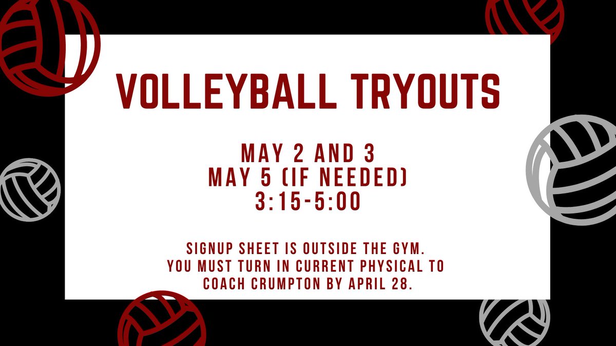 SCWildcatsVball's tweet photo. Mark your calendar for tryouts. Paperwork must be submitted to SCHS the week before tryouts. 

@SCHS_Wildcats #wildcatnation #Wildcats #rollshelby #schsvolleyball https://t.co/Y2WmqzzBaD