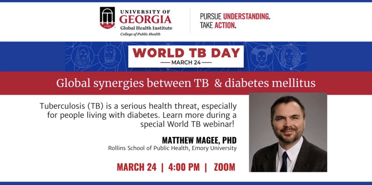 Closing out our #WorldTBDay seminar series, join us at 4pm EDT to hear from Matt Magee on global synergies between #Tuberculosis and #Diabetes. Hosted in person <a href="/PublicHealthUGA/">UGA Public Health</a> and live streaming <a href="/EmoryRollins/">Emory Public Health</a> #EndTB <a href="/StopTB/">Stop TB Partnership</a> <a href="/CDC_TB/">CDC TB</a> tb.emory.edu/events/index.h…