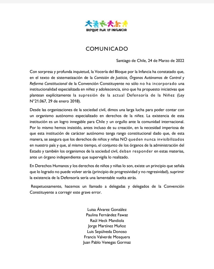 bloqueporlainfa's tweet photo. 📣 Frente al texto de sistematización de la Comisión de Justicia, Órganos Autónomos de Control y 
Reforma Constitucional de la @convencioncl que no ha incorporado 
institucionalidad especializada en niñez y adolescencia y la supresión de la actual @defensorianinez señalamos👇 https://t.co/xVmUDl1p6K