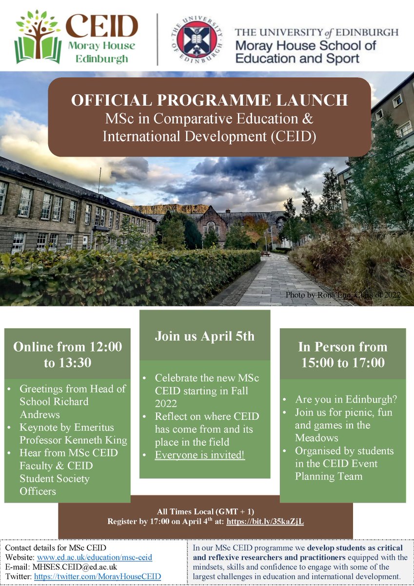 CEID Community at Moray House (@morayhouseceid) on Twitter photo 📢Official launch MSc in #Comparative #Education & #International #Development (#MScCEID) <a href="/EdinburghUni/">The University of Edinburgh</a> to start Fall 2022📢
All interested invited! Hear from <a href="/MorayHouse/">Moray House School of Education and Sport</a> HOS Richard Andrews & Keynote Kenneth King. Join <a href="/MorayHouseCEID/">CEID Community at Moray House</a> members & alumni.
➡️bit.ly/35kaZjL 📢Official launch MSc in #Comparative #Education & #International #Development (#MScCEID) <a href="/EdinburghUni/">The University of Edinburgh</a> to start Fall 2022📢
All interested invited! Hear from <a href="/MorayHouse/">Moray House School of Education and Sport</a> HOS Richard Andrews & Keynote Kenneth King. Join <a href="/MorayHouseCEID/">CEID Community at Moray House</a> members & alumni.
➡️bit.ly/35kaZjL