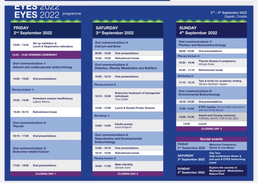 croendoyoung's tweet photo. Here is our programme for the EYES 2022🗓
📢Those who submit their abstract will have priority for registration when all places are taken‼️
@EYEScientists @ESEndocrinology @LjiljanaMarina @IvanaKraljevi2 @DanieleSanti4 @MirsalaSolak 
REGISTER NOW✅
👉🏼https://t.co/UmuMfS35zm https://t.co/jm6gW5N78F