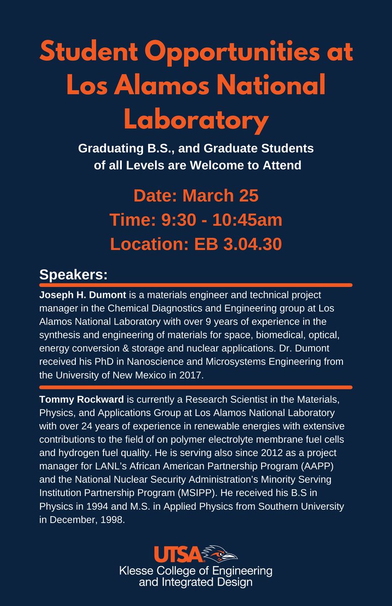 utsa_kceidssc's tweet photo. Reminder to join us tomorrow (3/25) for Student Opportunities at Los Alamos National Laboratory! All graduating B.S, and graduate students are welcome to attend. #UTSA #UTSAEngineering https://t.co/E3ADPMnprp