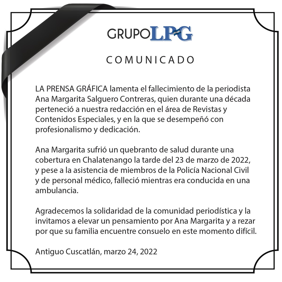 prensagrafica's tweet photo. @prensagrafica lamenta el fallecimiento de la periodista Ana Margarita Salguero y extiende sus condolencias a la familia y colegas. https://t.co/0Y3biD1lCB
