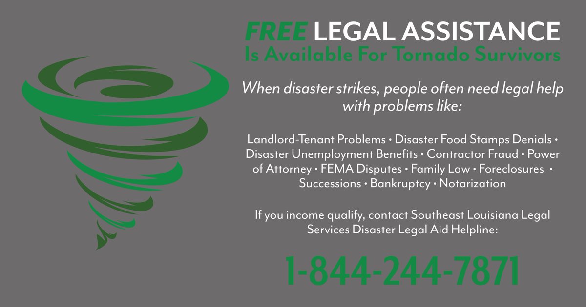 FREE legal assistance is available to people impacted by the recent tornadoes. Call our disaster helpline at 1-844-244-7871 or visit our website: slls.org #lawx