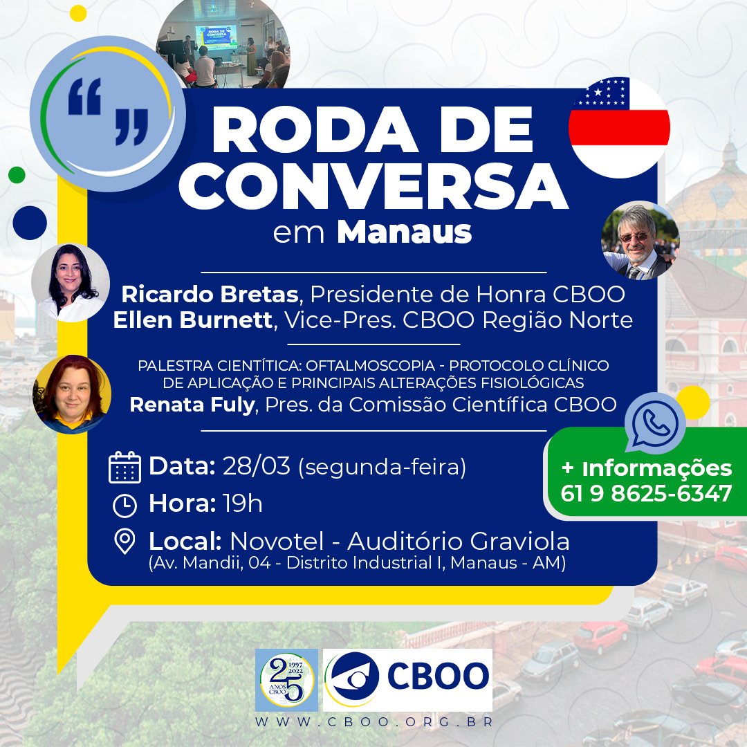 RODA DE CONVERSA CBOO em Manaus-AM
Dia 28/03/2022 (segunda-feira) às 19h
Local: Novotel - Auditório Graviola  Av. Mandii, 04 - Distrito Industrial I, Manaus - AM

Confirme sua presença: Whatsapp CBOO (61) 98625-6347

SUA PRESENÇA É A MAIS IMPORTANTE!
#EuVOU #VAMOS