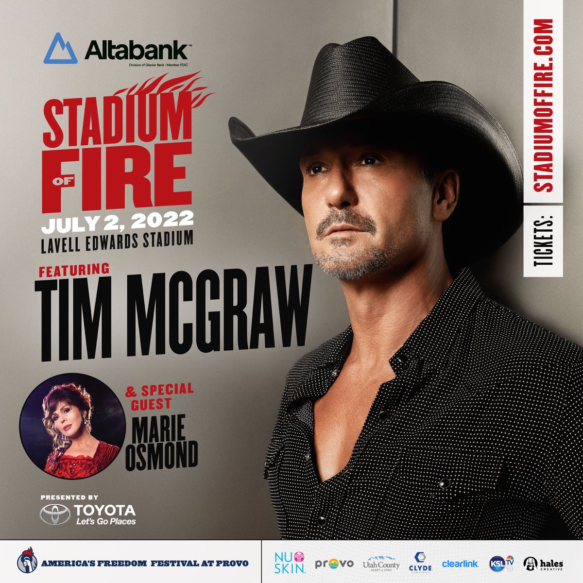marieosmond's tweet photo. Honored to be a part of the #StadiumOfFire celebration with @TheTimMcGraw. Tickets for @FreedomFest go on sale tomorrow ♥️ Amazing fireworks!! 💥 See you there! https://t.co/GXztMXWbwT https://t.co/WYIZJODofv