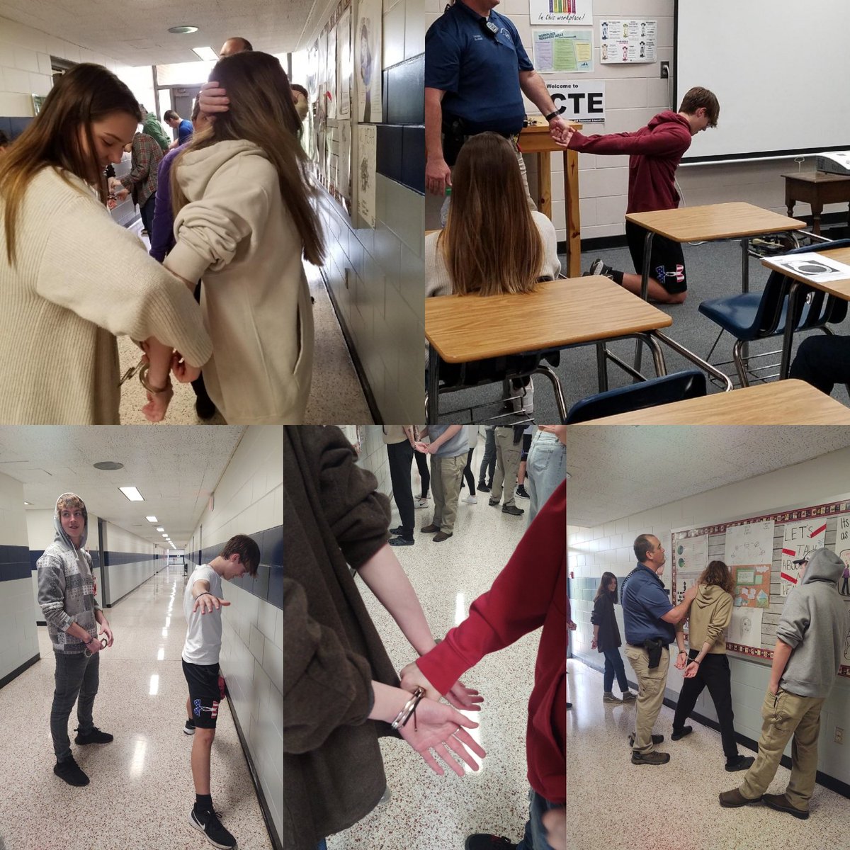 Criminal Justice 1 students learning basic handcuffing techniques. Thanks to the <a href="/BoCoSheriff/">Botetourt County Sheriff</a> for their help! #ctebtec #criminaljustice #handcuffs #skills #handsonactivities