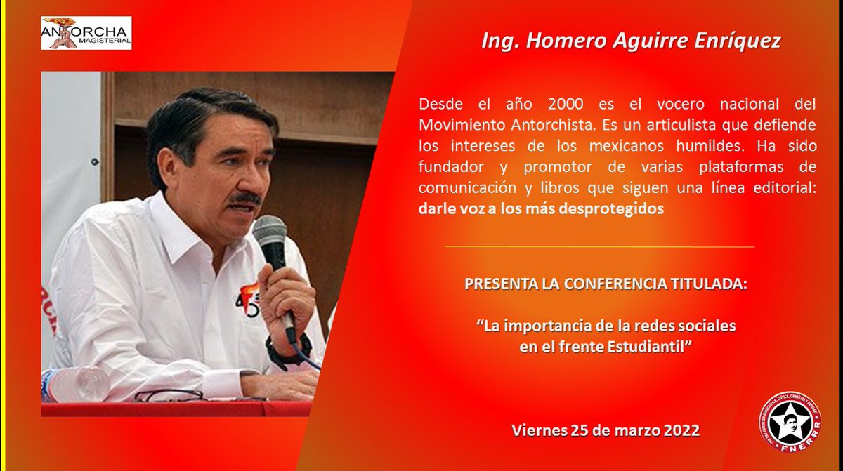 antorcha_cdmx's tweet photo. *CONFERENCIA ESTUDIANTIL*

Tema: La importancia de las redes sociales en el frente Estudiantil

Presenta: Ing. Homero Aguirre Enríquez

Cita: Viernes 25 de marzo

https://t.co/fctR1yVHsF https://t.co/CIla9CAlxM
