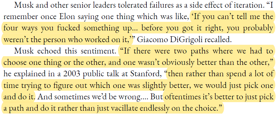 Momentum and mistakes:
‘If you can’t tell me the four ways you f*cked something up… you probably weren’t the person who worked on it’
<a href="/elonmusk/">Elon Musk</a> via <a href="/jimmyasoni/">Jimmy Soni</a>