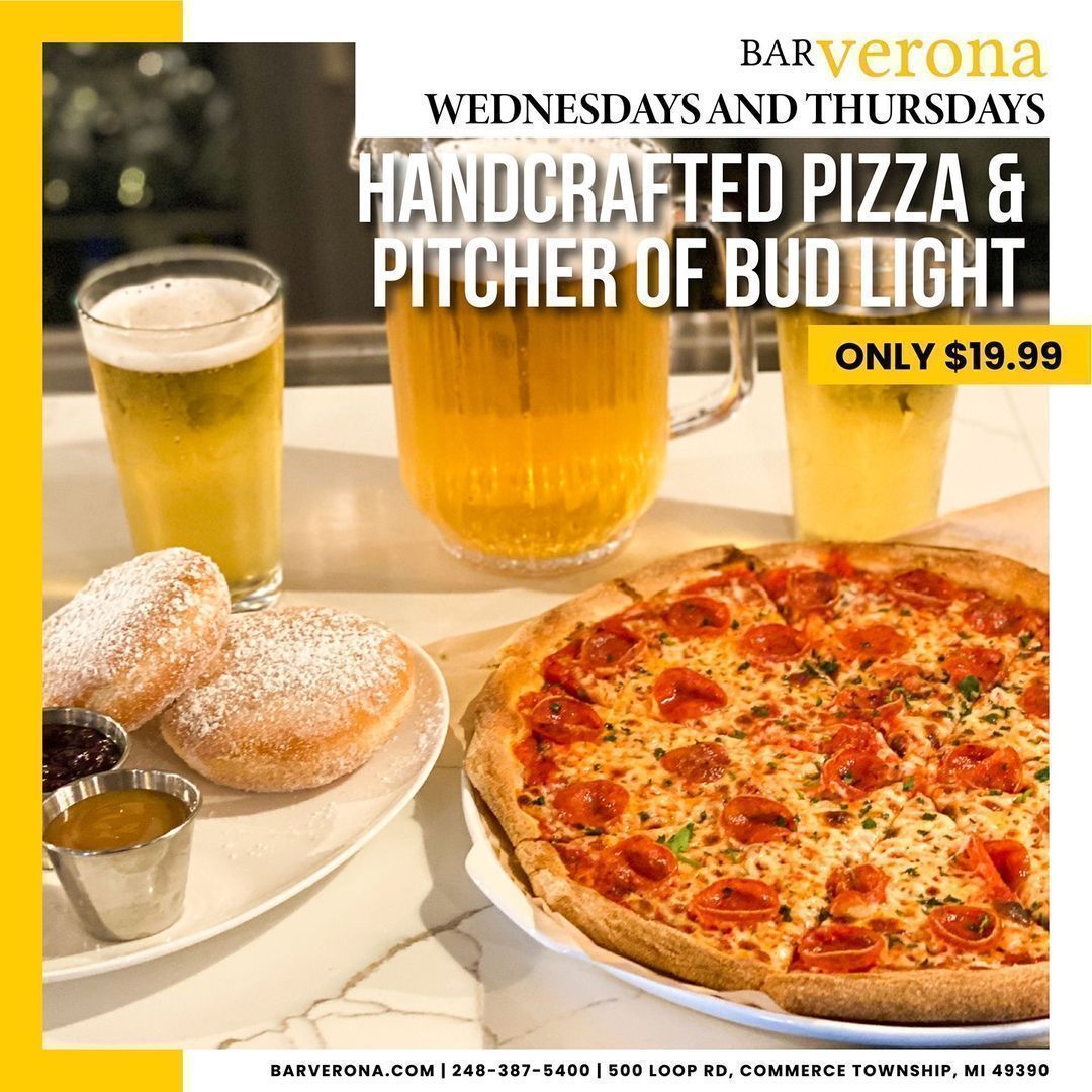 bar_verona's tweet photo. Join us EVERY Wednesday &amp; Thursday and enjoy one of our fresh Handcrafted Pizzas &amp; a Pitcher of Bud Light for only $19.99! 😍🍻🍕

📍 500 Loop Rd, Commerce Charter Township, MI 48390

#UTRadventures #BarVerona #BarVeronaCommerce #CommerceTownship https://t.co/00hlAS3GlH