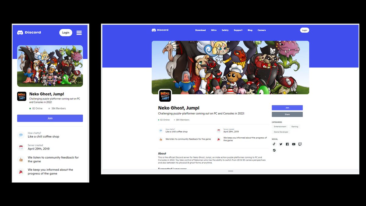 Hmm <a href="/discord/">Discord</a> this is very interesting🙀. But how do people actually find it? Why use this link: discord.com/servers/neko-g… vs just straight to the Discord Server?

Also, anything other than mobile, 16:9 doesn't really work (can we get a crop feature for different aspect ratios?)🙏