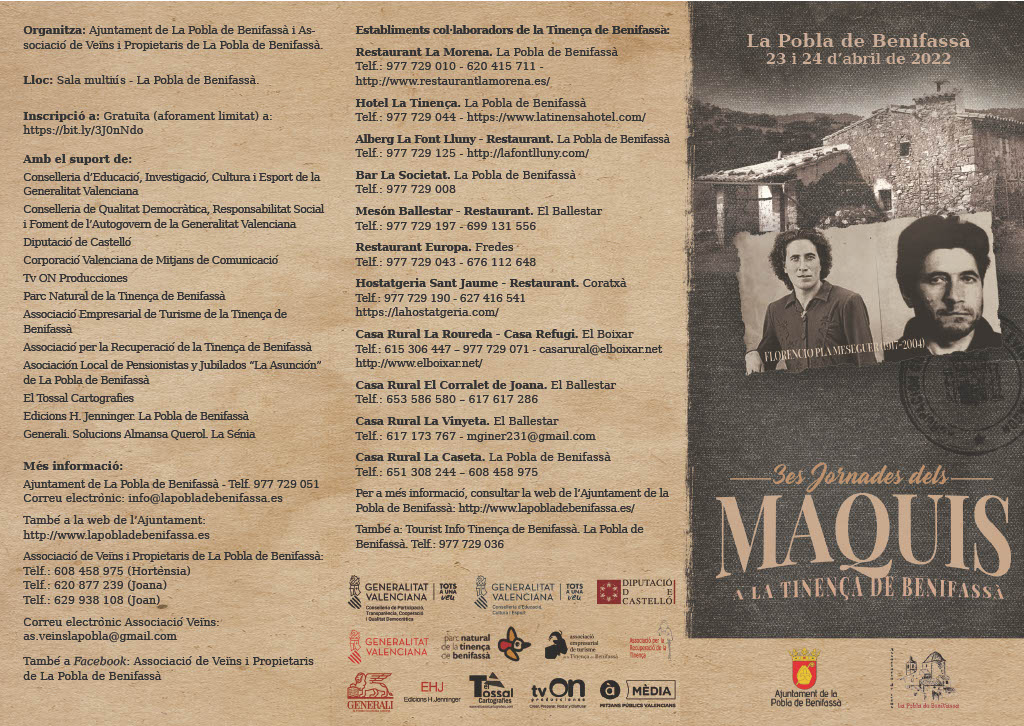 Cartell i tríptic definitiu de les 3es Jornades del Maquis a la Tinença de Benifassà, 23 i 24 d'abril. Inscripció a bit.ly/3J0nNdo (Aforament limitat)