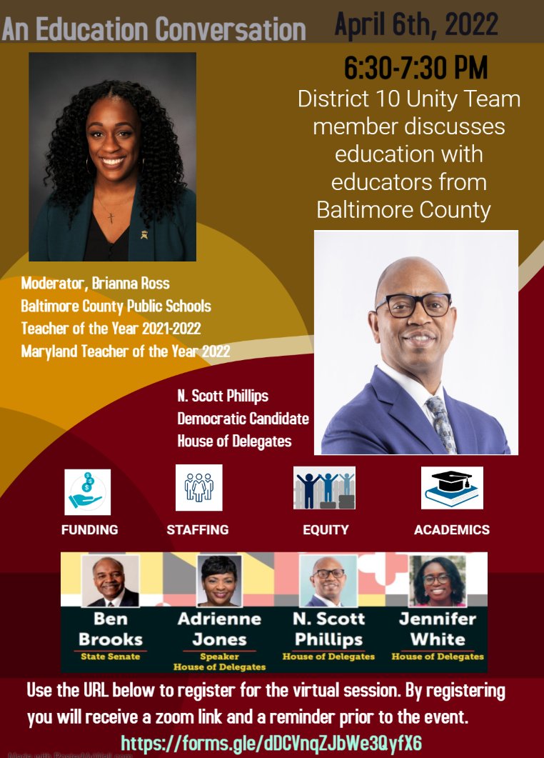 Are you an educator in the 10th District of Baltimore County?

Join MD Teacher of the Year @MsBriRoss and myself for a discussion of pressing issues faced by educators. 

Weds, April 6th, 2022
6:30pm-7:30 pm

Register today! forms.gle/dDCVnqZJbWe3Qy…
