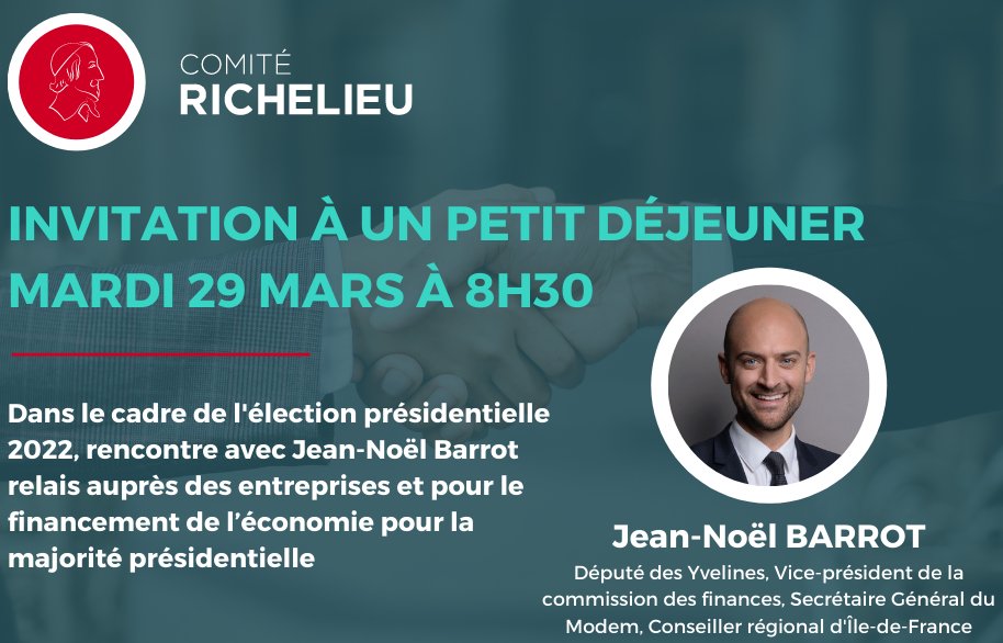 ☕️ Dans le cadre de l'élection #Présidentielle2022, nous vous invitons à un petit déjeuner débat en compagnie de <a href="/jnbarrot/">Jean-Noël Barrot</a> le mardi 29 mars à 8h30.

🗒 Au programme : "#PME et #innovation : quelle place face aux défis de demain ?"

👉 Pour s'inscrire : my.weezevent.com/petit-dejeuner…