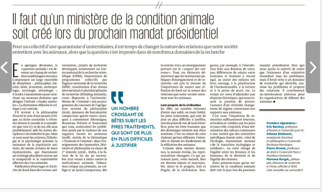 paz_zoopolis's tweet photo. 📢Aujourd'hui, Le Monde publie une tribune signée par un collectif d'universitaires qui demande la création d'u Ministère à la #ConditionAnimale.

👏Merci : Florence Burgat, Giavatto, Angelo Eric Baratay, Réjane Sénac... 
(La liste exhaustive sera en ligne).

#Animaux2022 https://t.co/CEQaq9o2ch