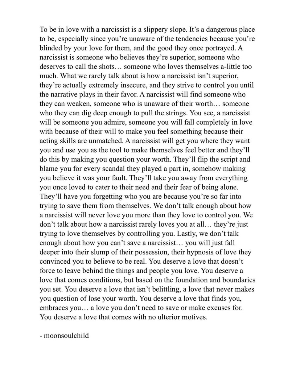 bymoonsoulchild's tweet photo. TO BE IN LOVE WITH A NARCISSIST IS A SLIPPERY SLOPE… https://t.co/BBMF0pxqP0