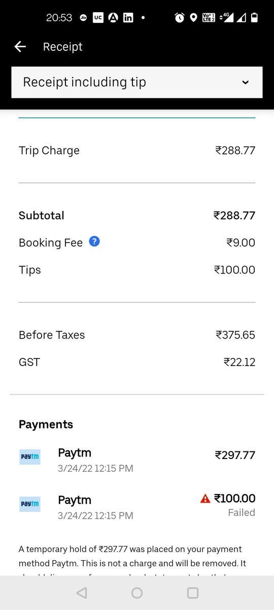 ABJAnupam's tweet photo. @UberINSupport While I was trying to book a trip, I got a sudden notification that I have an outstanding tip amount pending from previous trip. Request you to please remove this carried over charge as I don't seem to have any help from the app support. https://t.co/ORcruQUZV0