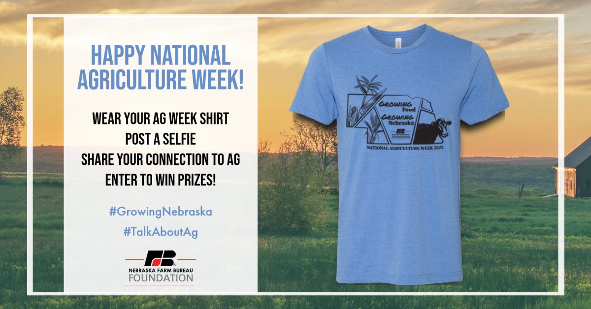 NebraskaAITC's tweet photo. Happy National #AgWeek! We love seeing the limited-edition Ag Week shirt in all your photos! There is still time to be entered to win cool prizes! Wear your short, post a photo to share your connection to agriculture, and use #GrowingNebraska and #TalkAboutAg to be entered. https://t.co/lLe3sBHfbt