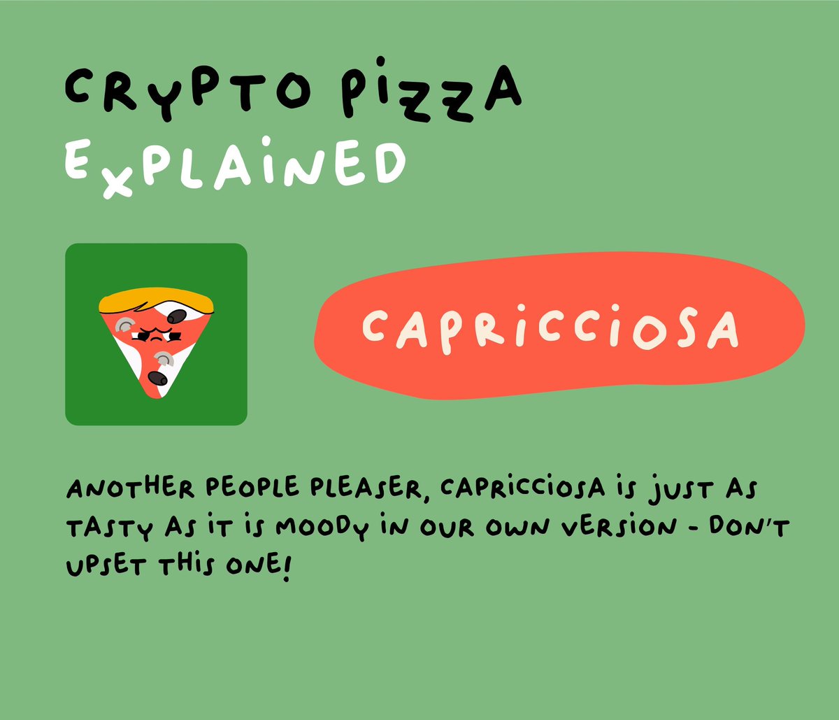 CryptoPizzaSlcs's tweet photo. Get to know more about #CryptoPizzaSlices #NFT with Crypto Pizza Explained! 🍕👨‍🏫

Today: Capricciosa 😡

What's your favourite Pizza Slice? Available on #OpenSea

#NFT #WETH #ETH #Pizza #nftart #PolygonNFT #everybodylovespizza #illustration #DigitalArtist https://t.co/R8YFnspnbH