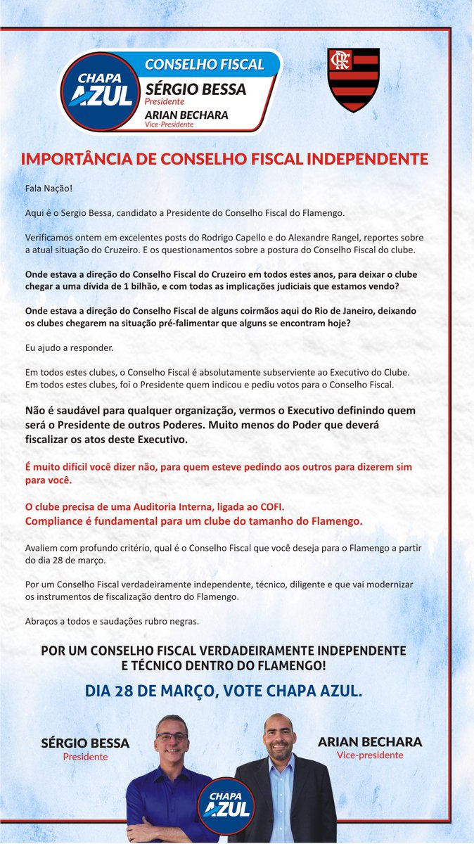 ChapaAzulCoFi's tweet photo. Independência e Competência do Conselho Fiscal do #CRF são fundamentais para a segurança da Instituição, seus gestores e associados.

A missão do CoFi é fiscalizar e zelar exclusivamente pelos interesses do #Flamengo

Somente a #ChapaAzul representa independência de fato.
🔴⚫️🔵 https://t.co/GJMLjPJk3S