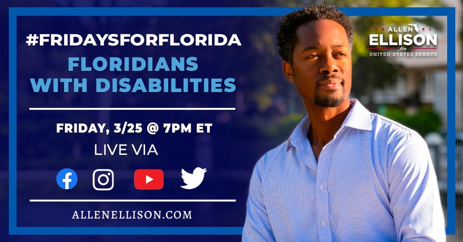 UnitedAmerica24's tweet photo. This Friday @AllenLEllison will focus on Floridians with Disabilities at 7pm ET at this week's Fridays for Florida ⬇️
https://t.co/4AL7R8EjRt
Let's talk about about Allen &amp; his vision in the US Senate for Americans who have Disabilities.
#DisabilityTwitter
#AllenOnTheIssues
🧵1/6 https://t.co/9Y1gPeuzgQ