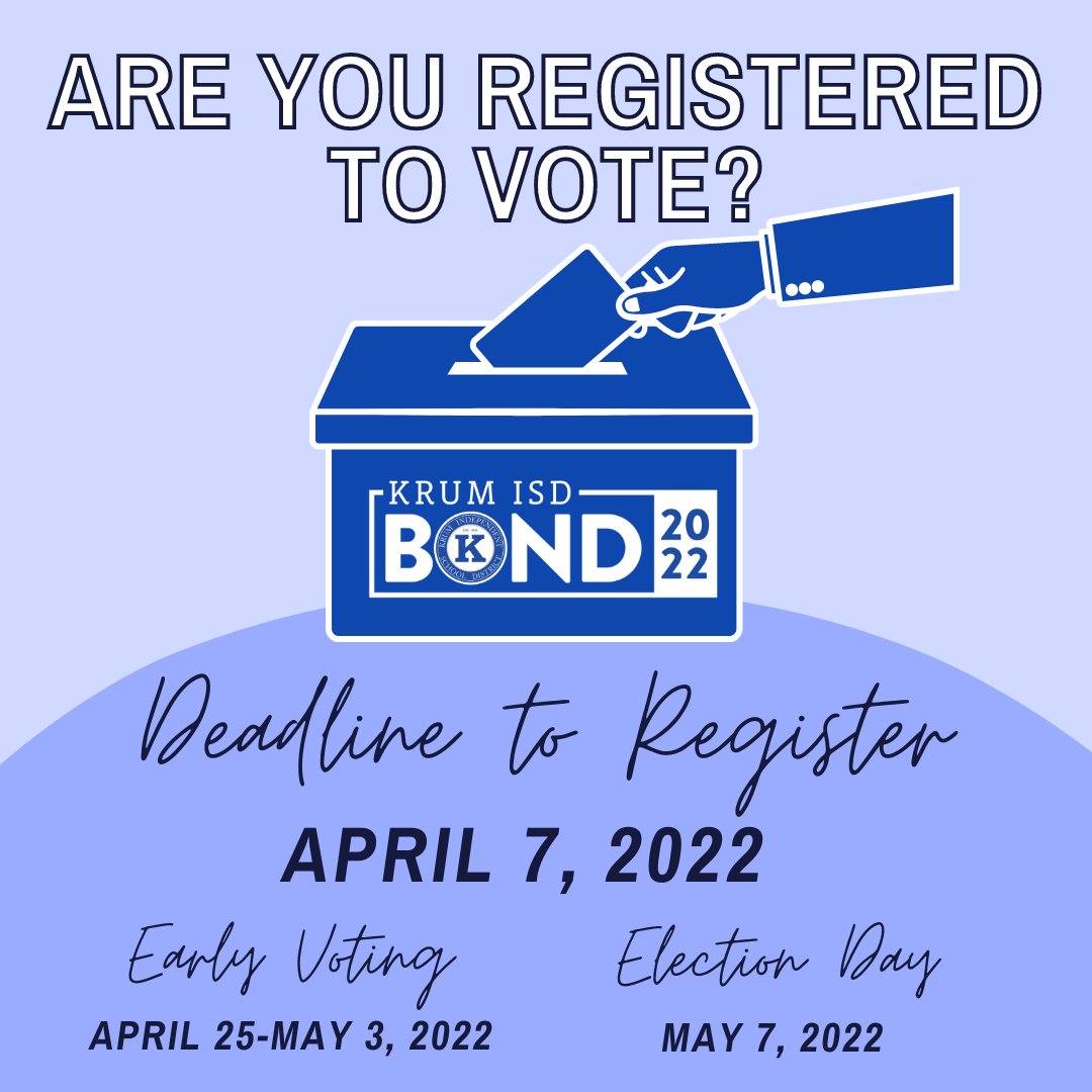Are you registered to vote?🗳

Early Voting for the Krum ISD Bond Election begins one month from today on April 25! 

Check to see if you're registered, make updates to your registration, or register to vote by April 7 here 👉 sos.state.tx.us/elections/vote…
#krumisdbond2022