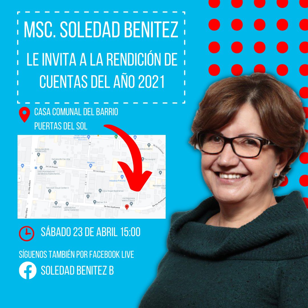 Como Concejala del Distrito Metropolitano de Quito, les invito a mi Rendición de Cuentas del periodo 2021. Vamos a tener el privilegio de realizarla en la Casa Comunal de nuestro tan querido barrio, Puertas del Sol y también será transmitida por Facebook Live.
Los esperamos.