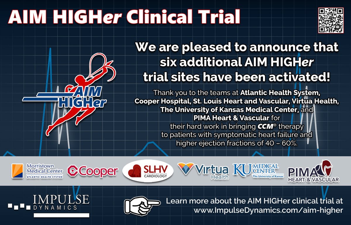 AIM HIGHer Study (@aimhigherstudy) on Twitter photo We are pleased to announce that six additional AIM HIGHer trial sites have been activated!
<a href="/AtlanticHealth/">Atlantic Health</a>
<a href="/CooperHealthNJ/">Cooper University Health Care</a>
<a href="/SlhvSt/">SLHV St. Louis Heart & Vascular</a>
<a href="/VirtuaHealth/">Virtua Health</a>
<a href="/KUMedCenter/">KU Medical Center</a>
<a href="/TweetPimaHeart/">PimaHeartAndVascular</a>
#medicaldevices #heartfailure #CCM #Optimizer #health #cardiology #news #epeeps #AIMHIGHer #clinical We are pleased to announce that six additional AIM HIGHer trial sites have been activated!
<a href="/AtlanticHealth/">Atlantic Health</a>
<a href="/CooperHealthNJ/">Cooper University Health Care</a>
<a href="/SlhvSt/">SLHV St. Louis Heart & Vascular</a>
<a href="/VirtuaHealth/">Virtua Health</a>
<a href="/KUMedCenter/">KU Medical Center</a>
<a href="/TweetPimaHeart/">PimaHeartAndVascular</a>
#medicaldevices #heartfailure #CCM #Optimizer #health #cardiology #news #epeeps #AIMHIGHer #clinical