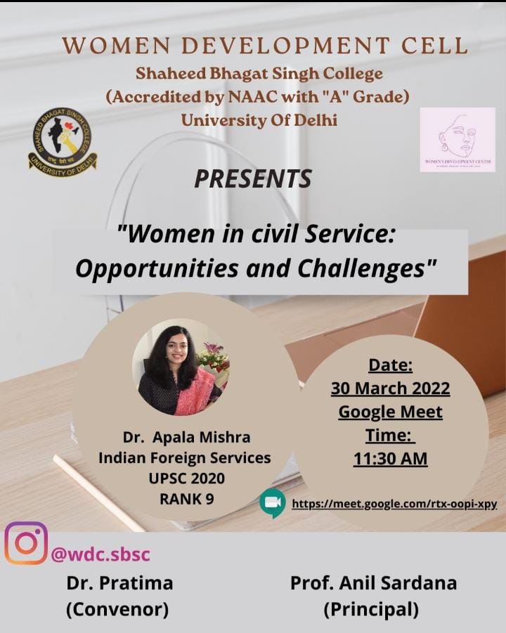 sbscduofficial's tweet photo. Women Development Cell @sbscduofficial @UnivofDelhi presents an online webinar on  theme "Women in Civil Service: Opportunities and Challenges" on 30/03/2022, 11:30 AM
Speaker: Dr. Apala Mishra
Google meet Link: https://t.co/PBXYqzdvh3
Registration link:
https://t.co/KqXrnT3RwL https://t.co/cBMgYACR3Q