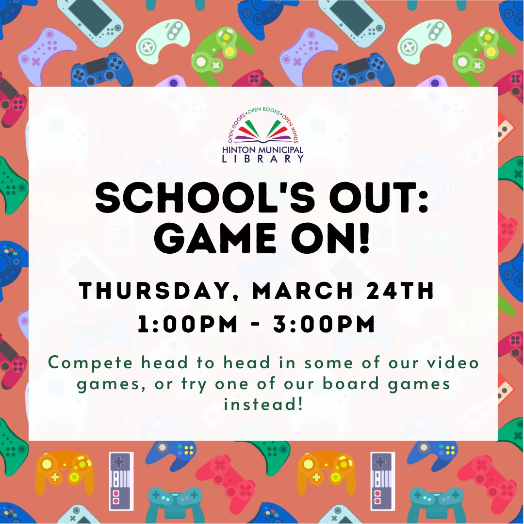 School's Out: Spring Break kicks off today! Start off strong with some friendly-competition during Game On! Try your hand at our selection of video games or try out a board game if that's more your style. 🎮